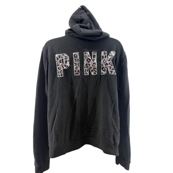 Victoria's Secret Pink Dog Logo Leopard Sequins Bling Black Full Zip Hoodie - Picture 1 of 6